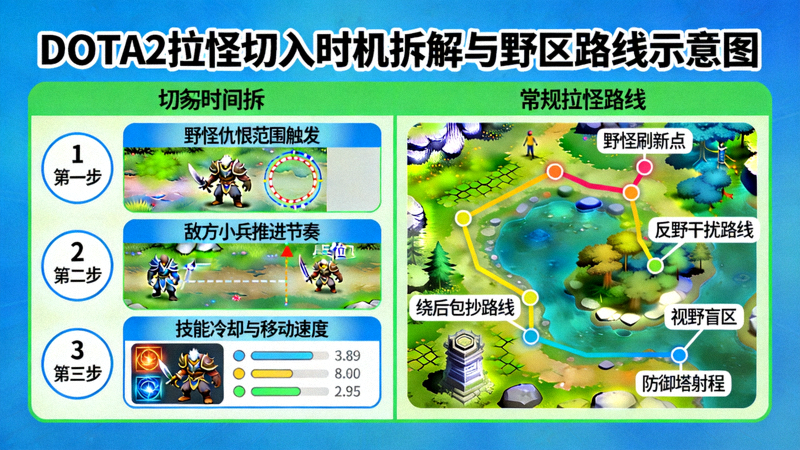 DOTA2拉怪切入时机拆解与野区路线示意图